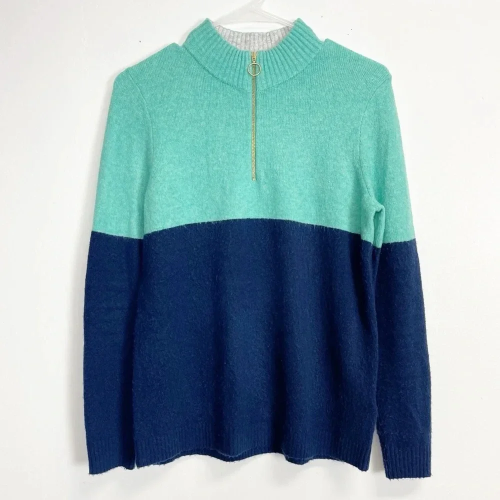 J Crew Sweater Womens Size XS Navy Blue Green Colorblock Zip-up Pullover
